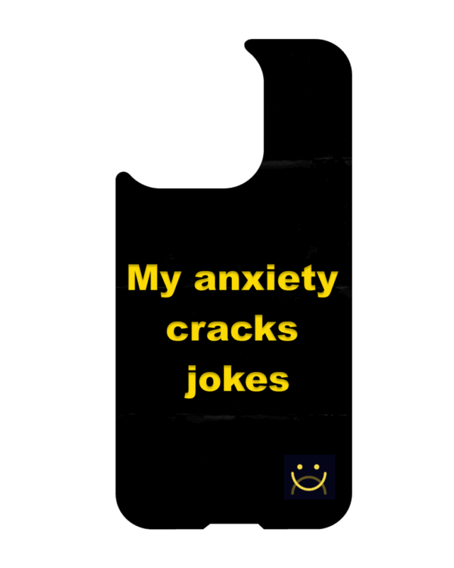 iPhone 13 MagSafe magnetic case with quote – My anxiety cracks jokes, black background yellow text, Neuro Spicy Series