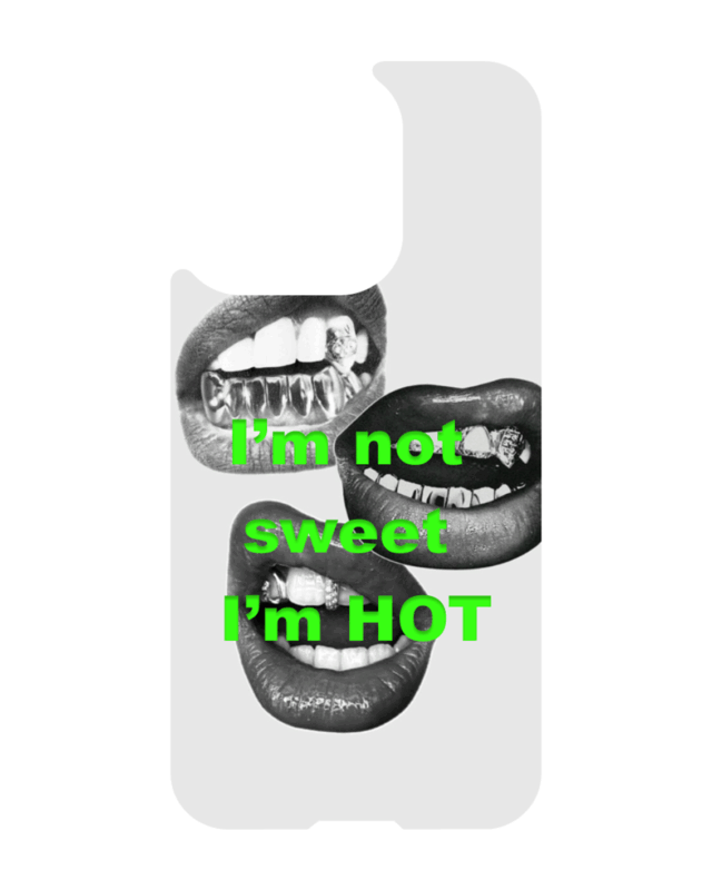 iPhone 13 MagSafe magnetic case with quote – I’m not sweet I’m hot, neon green text on lips collage, Neuro Spicy Series