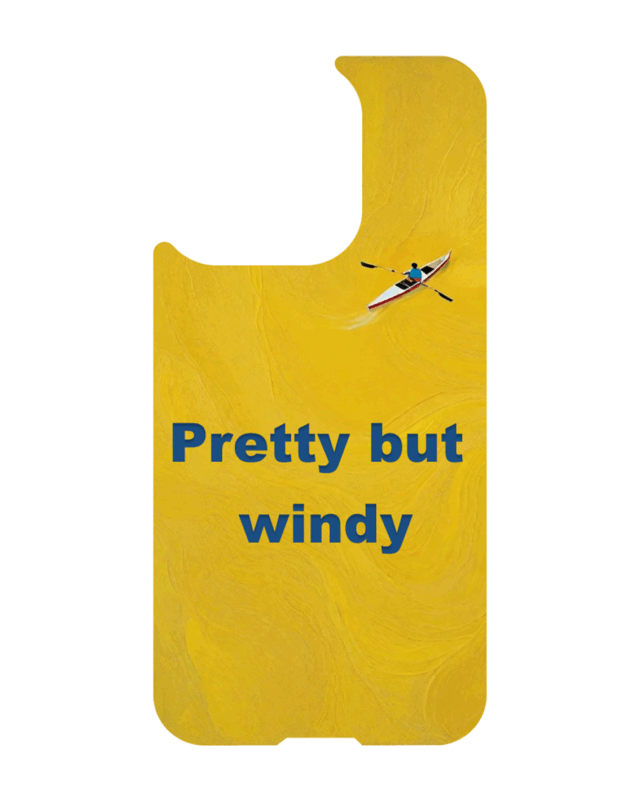 iPhone 13 MagSafe magnetic case with quote – Pretty but windy, yellow swirl background with kayak graphic, Neuro Spicy Series